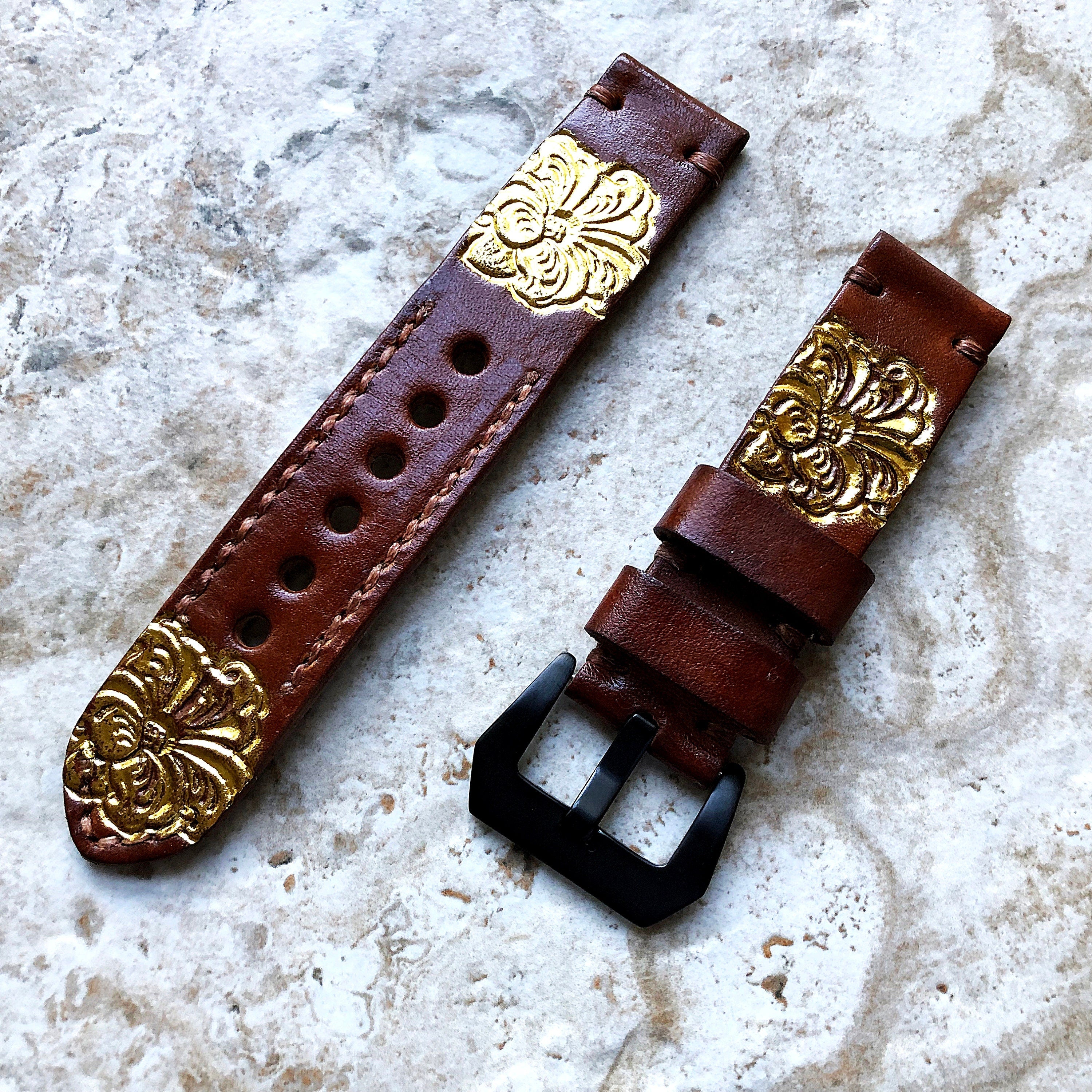 Peony Flower Band 22mm 24mm 25mm Compatible with Apple Watch Fitbit Versa 2 3 4 Sense 2 Ionic Accented Embossed Real Leather Handmade Strap
